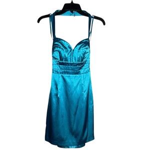 Arden B Sweetheart Double Rope Halter Dress Tropical Turquoise Size 2 Satin Glam